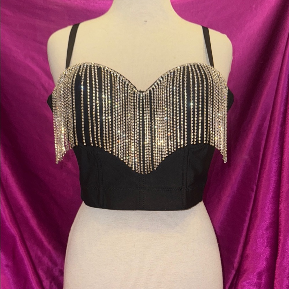 Black Bustier with Silver Rhinestone Fringe 38 C or a m/l. Adjusting clasp:
